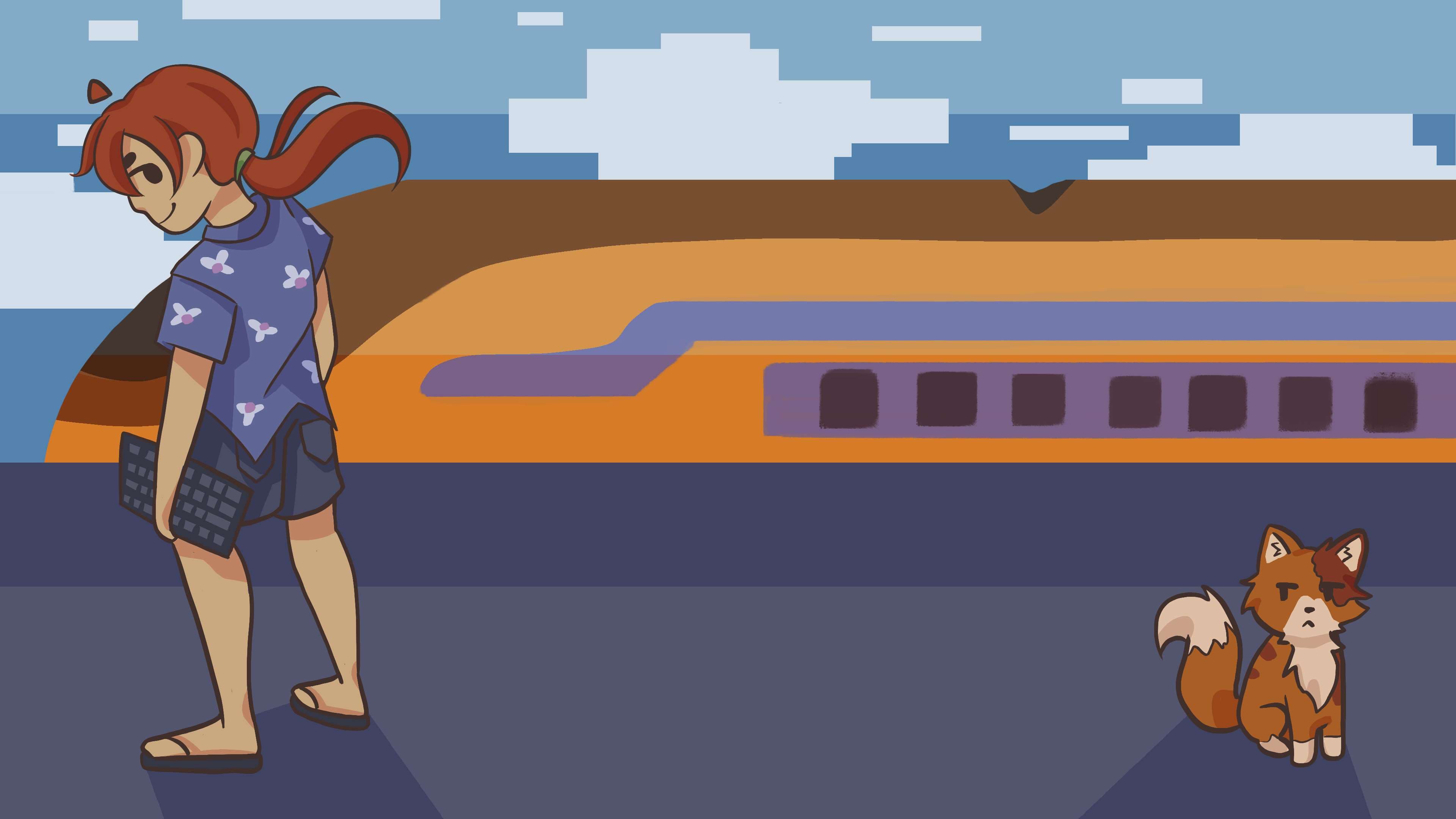 Image of person and cat with a train in the background.